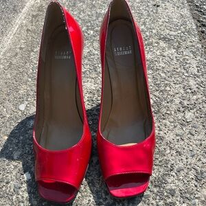 Stuart Weitzman Vibrant Red Peep Toe Heels